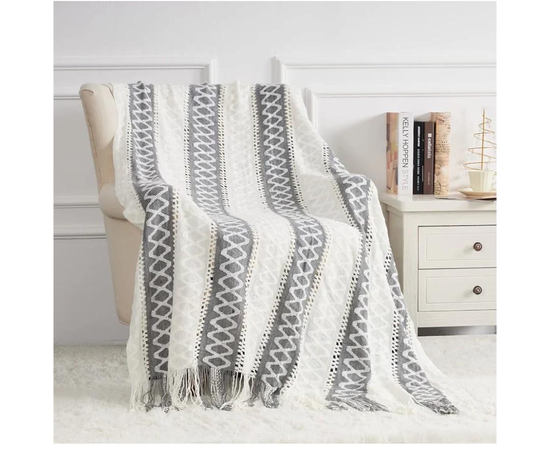 Quinnsus Knit Soft Lightweight Decorative Bed Throw Blankets, Jacquard Textured Boho Summer Throw Blanket with Tassels for Bed, Sofa and Living Room (Grey, 50 x 60 inches)