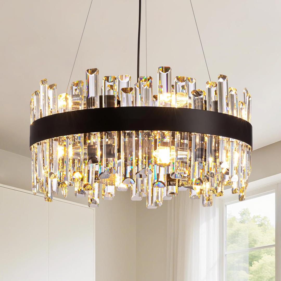 CROSSIO Modern Crystal Chandelier for Dining Room, 12-Light Luxury Black 2 Tiers Crystal Raindrop Chandelier, Contemporary Hanging Light Fixture for Living Room Entryway Foyer D19.7''