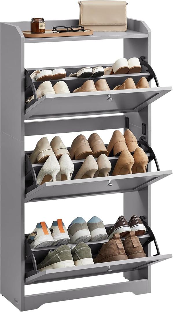 VASAGLE Shoe Storage Cabinet with 3 Flip Drawers, Slim, Holds 12‑20 Pairs, 9.5"D x 23.6"W x 47.7"H-shoe cabinet
