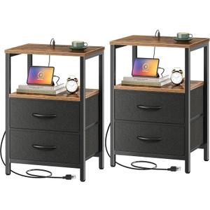 Huuger Nightstands Set of 2, End Tables with Charging Station, Side Tables with Fabric Drawers, Bedside Tables with USB Ports and Outlets, Night Stands for Bedroom, Rustic Brown and Black