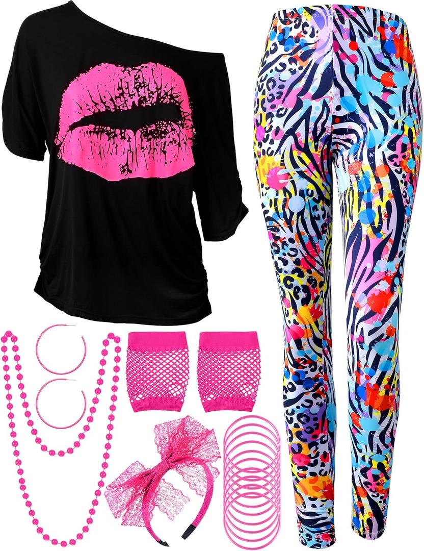 Blulu 80s Women Costume Set, T-Shirt, Geometric Legging Pants Earring Necklace Gloves Bracelet (Stylish, Small)