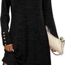 OFEEFAN Long Sleeve Dress for Women Crew Neck Tunic Dress with Pockets Decorative Buttons (Small, Black)