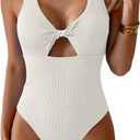 Aidonger Women's Swimsuit Ribbed Tummy Control One Piece Bathing Suit Twist V Neck Swimwear Metal Buckle Backless Swim Suit (White, S)