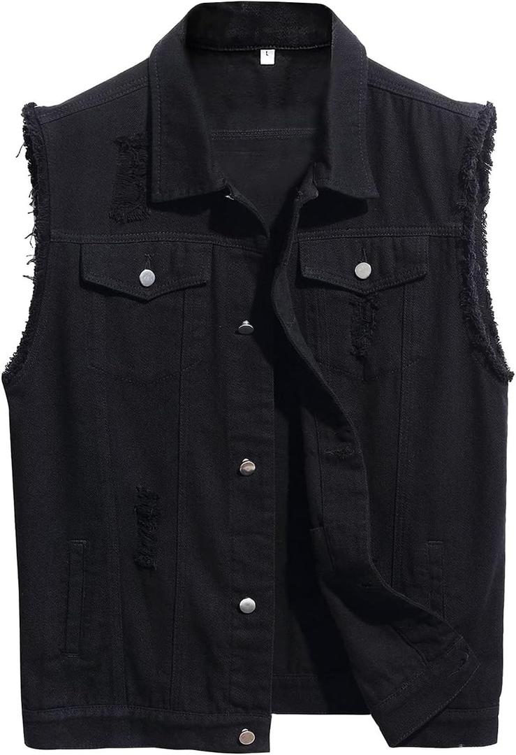 LONGBIDA Men's Denim Vest Sleeveless Ripped Slim fit Distressed Jean Jacket (XX-Large)