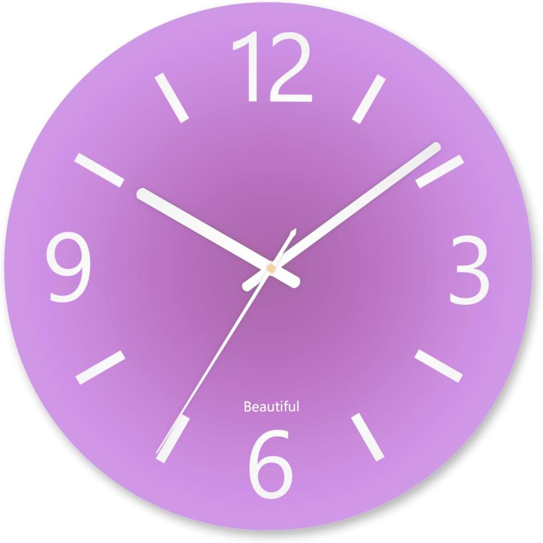 Tempered Glass Large Wall Clock, Modern Round Decorative Clock for Kitchen/Bedroom/Living Room, 14 Inch Simple Style Battery Operated Indoor Outdoor Hanging Clock - Purple
