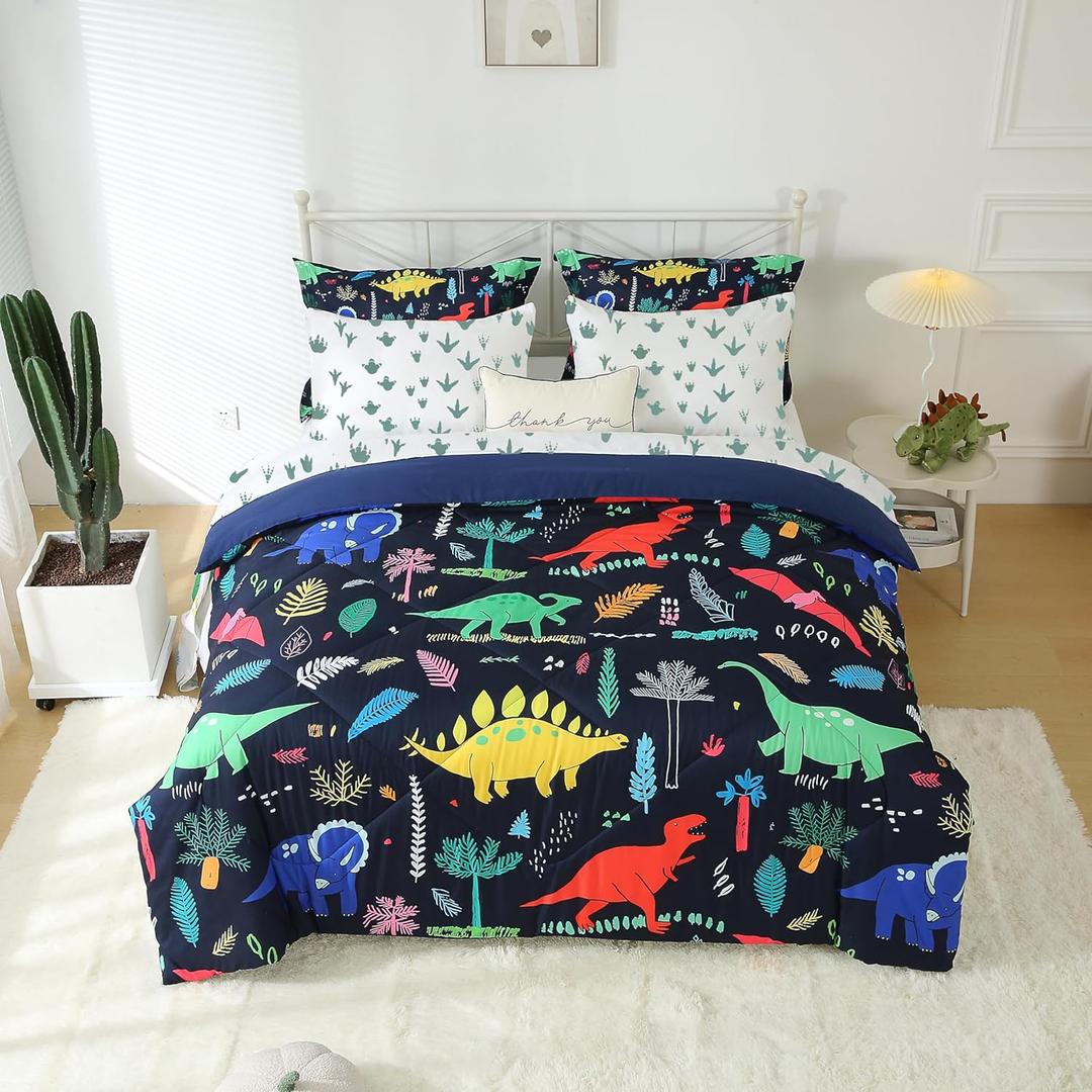 Dinosaur Comforter Set Twin for Kids Boys Teens 7 Piece Bed in a Bag Cartoon Colorful Dino 3D Print Bedding Set with Sheet
