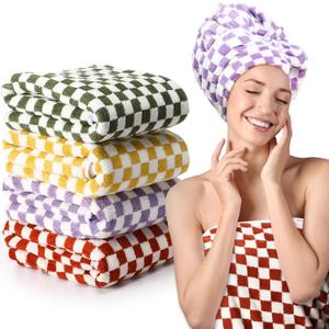Peryiter 4 Pcs Checkered Bath Towels Check Plaid Soft Absorbent Bathroom Towel Set Body Drying Beach Shower Body, Yellow, Green, Red, Purple (27.56 x 55.12 Inch)