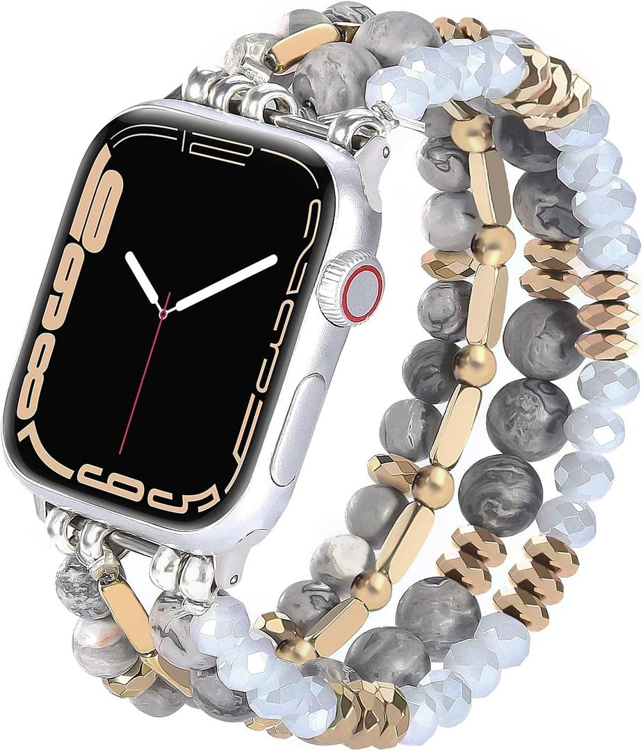 VISOOM Beaded Boho Bracelet Compatible with Apple Watch Band 42mm/44mm/45mm/46mm Series 10/SE/9/8/7/6/5/4/3/2/1 Women Handmade Crystal Stretchy Iwatch Strap (Ivory Gray)