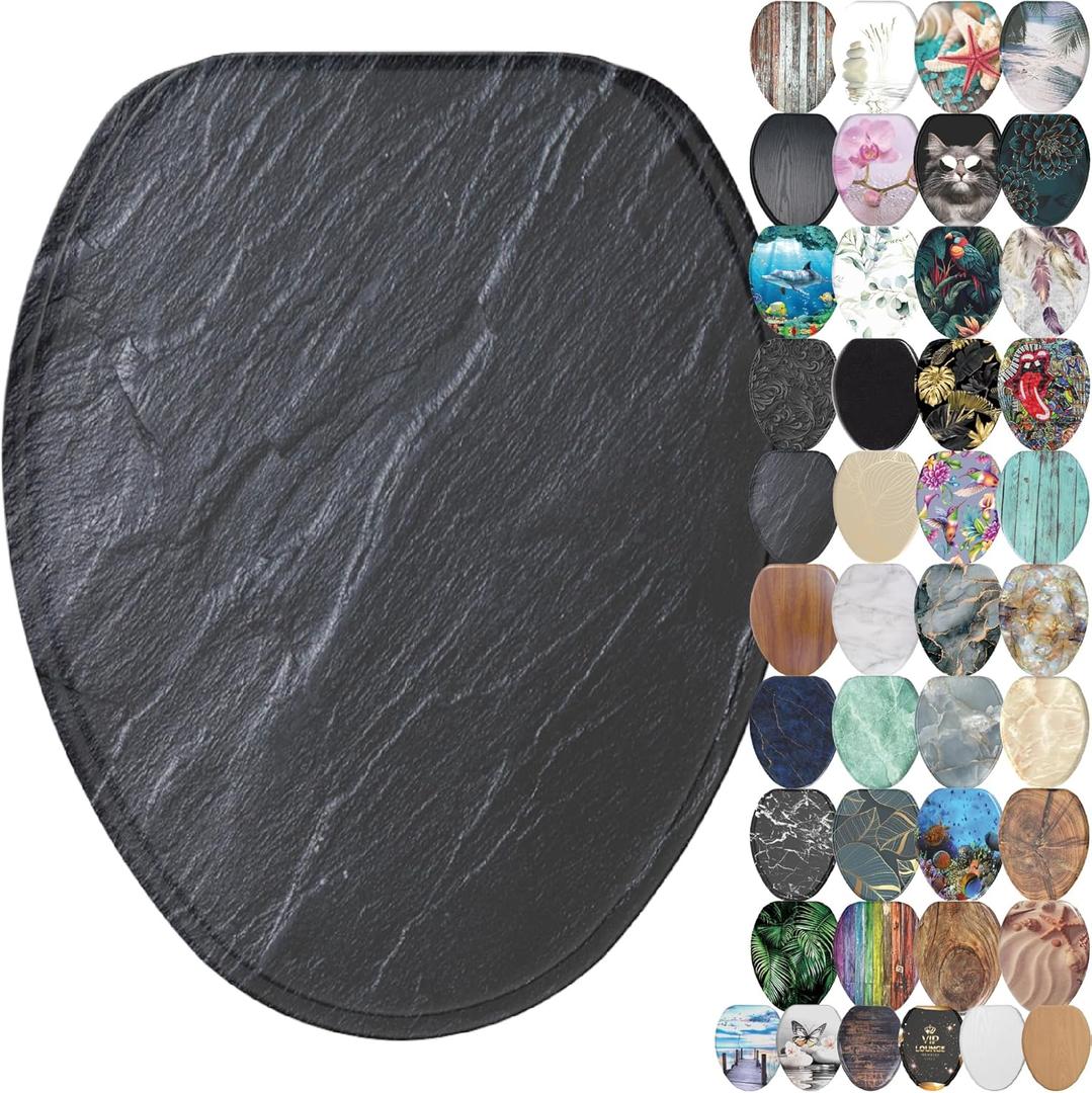 SANILO Wooden Toilet Seat with Soft Close [ELONGATED] - Decorative, Quiet & Slow Close Molded Wood Seat - With Strong Bumpers & Hinges - Adjustable Fit - Granite