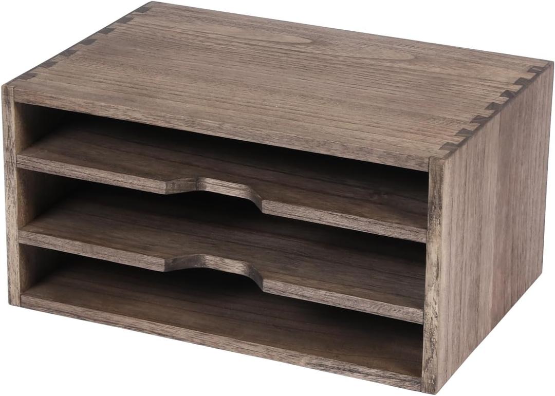 DDYURI 3-Tier Paper Storage Letter Tray File Sorter - Wood Desktop Document Organizer Holders with Mail Sorter, School & Home Magazine File Dividers for Office Accessories Dark(10"D x 13.78"W x 6.9"H)