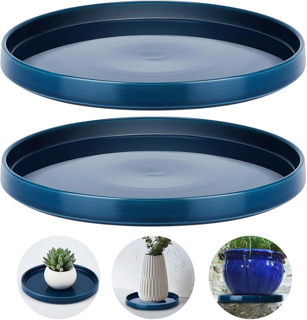 2 Pcs 10 Inch Ceramic Plant Saucer Outdoor Indoor Plant Tray Round Flower Pot Drip Trays Blue Flower Drainage Glazed Pots Base for Holding Water Drips and Soil