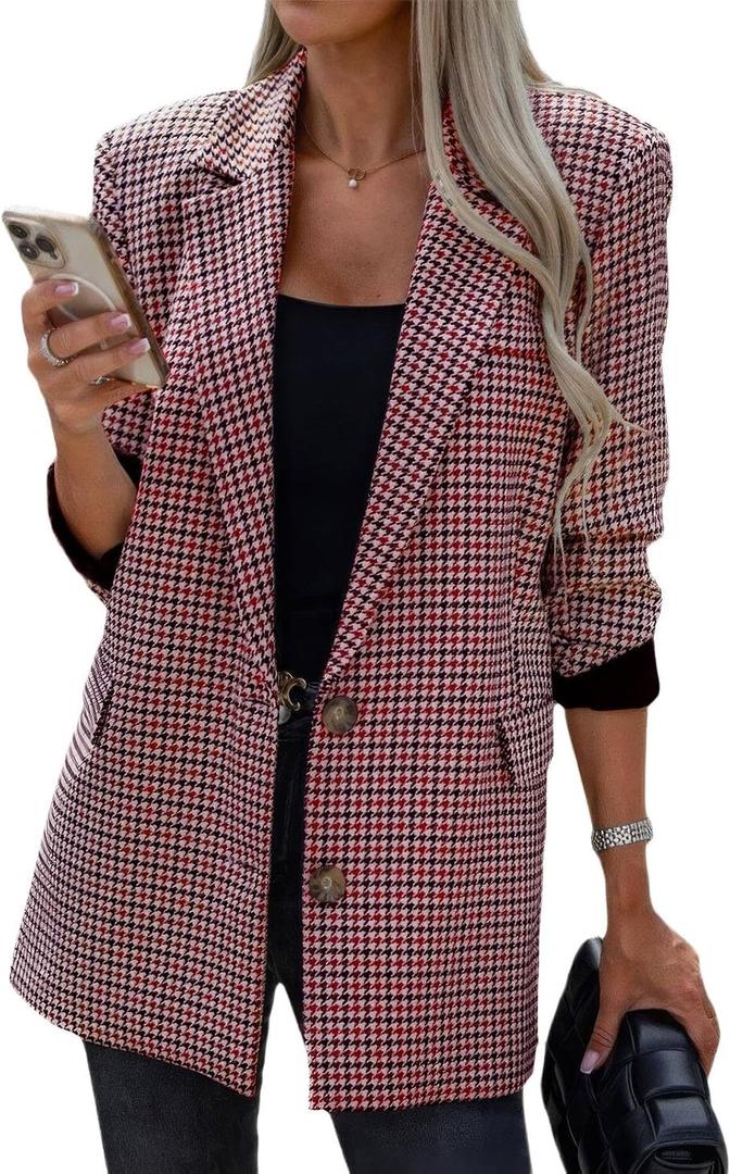 ebossy Women's Casual Oversized Blazer Suit Notch Lapel Button Plaid Work Office Jacket Wool Pea Coat (Red, Small)