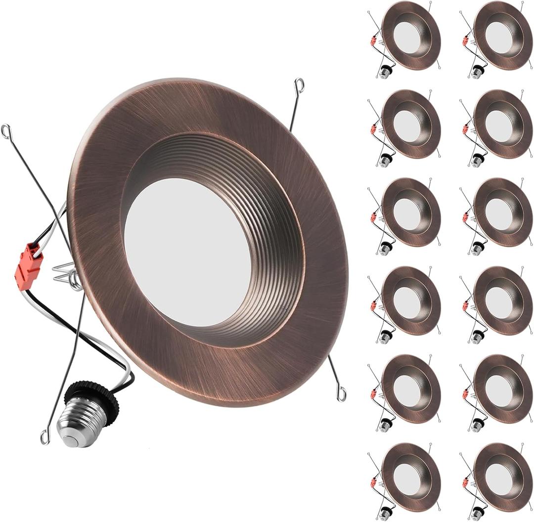 ZYC Oil-Rubbed Bronze 6 Retrofit LED Recessed Lighting, 6 Inch 12 Pack Dimmable Retrofit LED Recessed Lighting Damp Rated Can Lights, Baffle Trim, 15W 1200Lm(Oil-Rubbed Bronze, 6 inch)