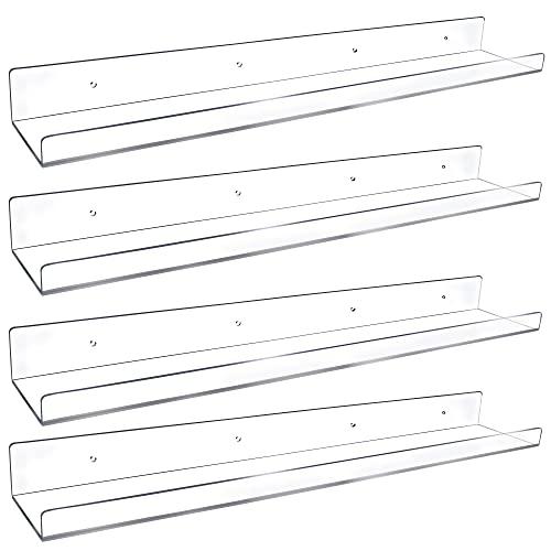 Febwind 4 Pack 24-Inch Long Clear Acrylic Floating Shelves Wall Ledge Invisible Wall Mounted Floating Bookshelf U Shape Wall Shelf for Book Display Makeup Product Spice Organizer