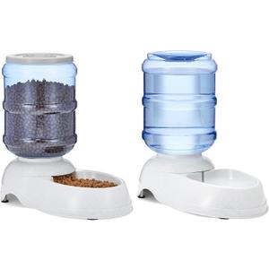 Amazon Basics Automatic Pet Water Dispenser and Gravity Food Feeder Set for Cat and Dog, Easy to Clean, 152fl.oz food feeder, 135.3fl.oz water dispenser, Small, Pack of 2