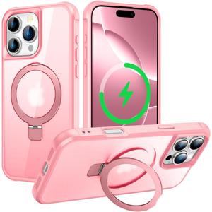 Hocase for iPhone 16 Pro Case 6.3", with Magnetic Ring Stand [Compatible with MagSafe] [Military Grade Protection] Slim Shockproof Translucent Protective Phone Case - Pink