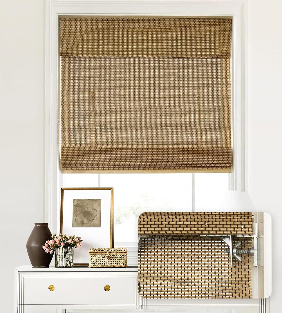 LazBlinds No Tools No Drill Cordless Bamboo Roman Shades, Light Filtering Window Treatment, Roll Up Bamboo Blinds for Windows 36'' W x 64'' H, Acorn