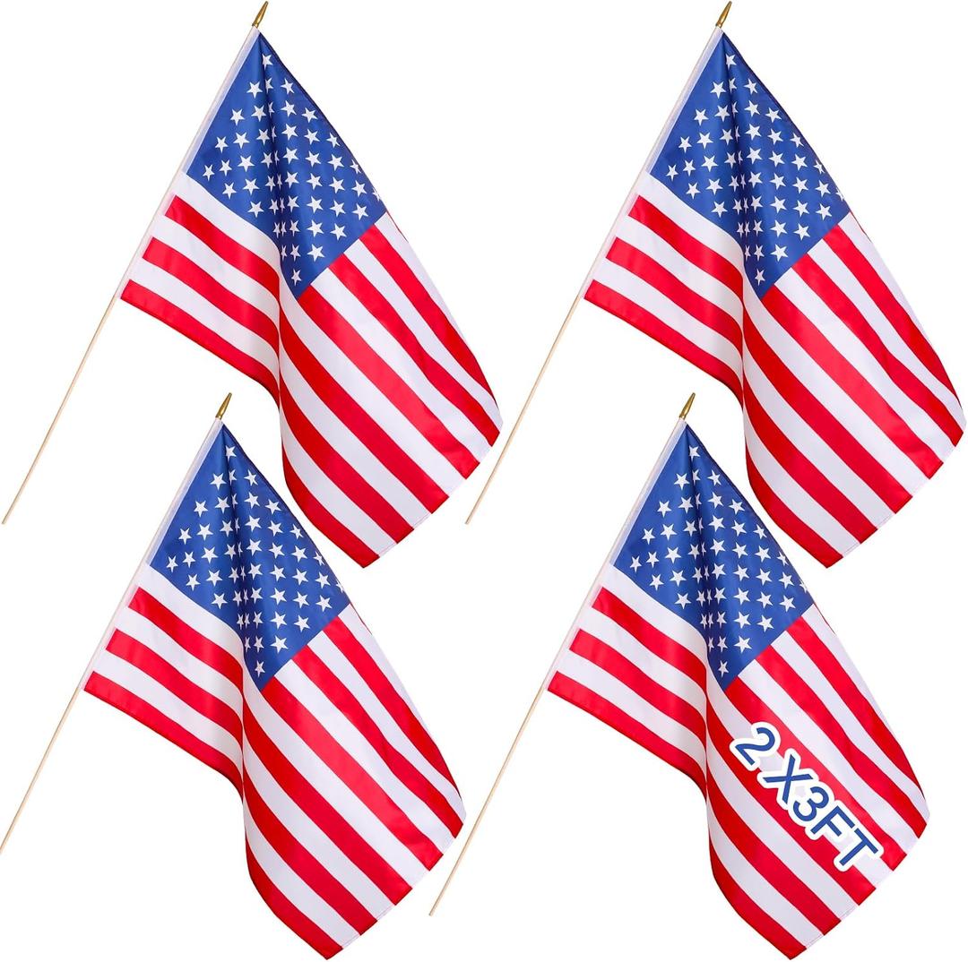 Newwiee 4 Pcs Classroom American Flag for Schools 2 x 3ft USA Classroom Fade Resistant Large American Flag with Pole for Back to School Indoor Wall Office House First Day of School Supplies