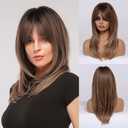 Long Ombre Brown Wigs with Bangs for Women Synthetic Hair Wig Natural Looking Heat Resistant Wavy Wigs