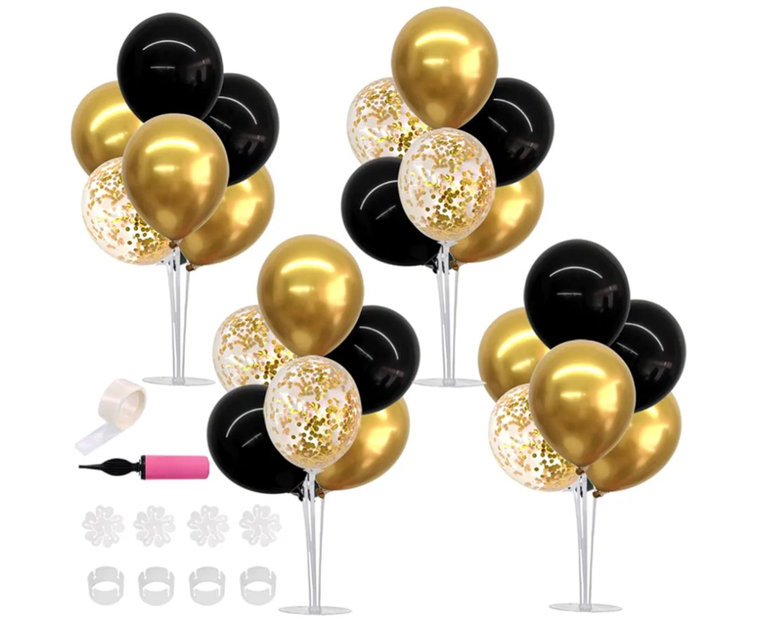 TONIFUL 4 Set Black Gold Balloon Centerpieces for Table,Balloon Stand Kit for Black Gold Party Decor 40th 50th 60th 70th Birthday Decorations Anniversary Graduation Decorations 2026 New Year Eve