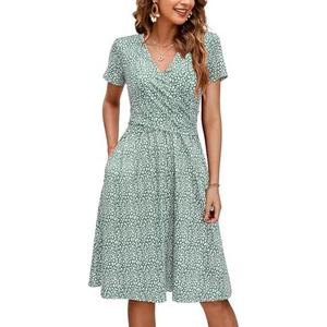 OUGES Maternity Nursing Dress Breastfeeding Short Sleeve V Neck Casual Pregnancy Clothes with Pockets, Small