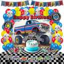 Monster Truck Birthday Decorations - Cake Topper, Banner, Backdrop, Latex Balloons, Foil Balloons, Table Cover, Sticker Set,149Pcs Set, Monster Truck Party Decorations (Red and Blue)