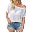 Hilinker Womens Sheer Mesh Long Sleeve Top Sexy Loose Off Shoulder See Through T Shirt White X-Large