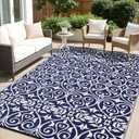 OLANLY Outdoor Rug Waterproof 5x8 ft Clearance, Reversible Outdoor Plastic Straw Rug with Floral Pattern, RV Mat for Patio, Camping, Balcony, Deck, Backyard, Navy & White