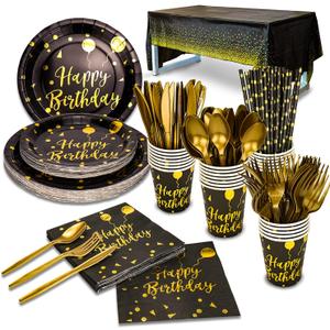 Disposable Party Dinnerware Set &Disposable Birthday Party Dinnerware Paper Plates Napkins Cups, Gold Plastic Forks Knives Spoons (Black/Gold)