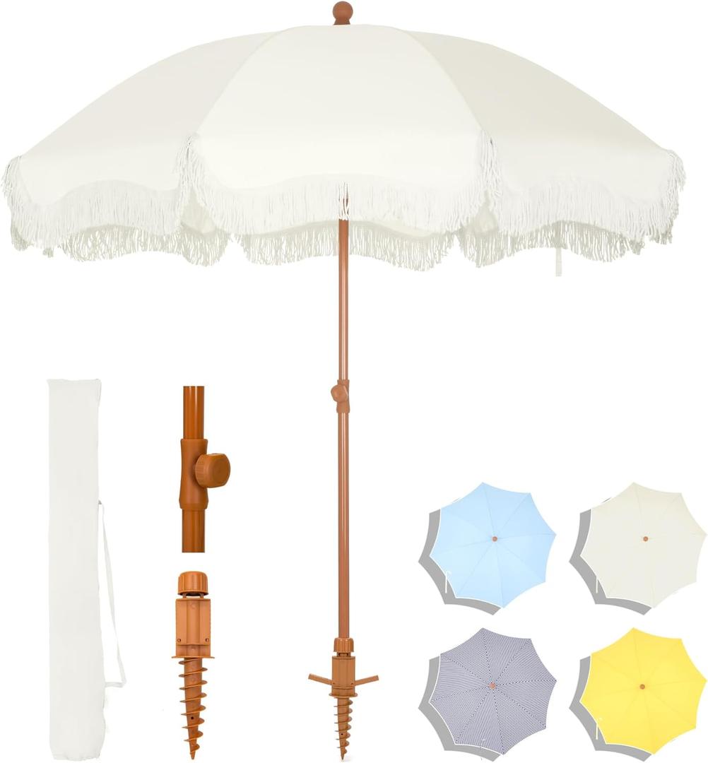 MFSTUDIO 7ft Patio Beach Umbrella with Fringe, Tassel Umbrellas with Sand Anchor & Tilt Button, Holiday Outdoor Umbrella with Carry Bag