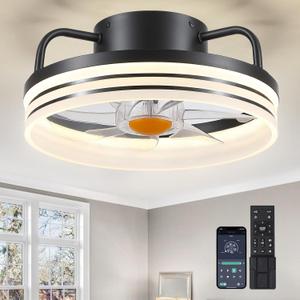 Ceiling Fans with Lights - 13" Bladeless Flush Mount Ceiling Fans with Remote and Led Light, 3CCT 6 Speeds 2 Timer, Black Low Profile Ceiling Fan Light for Modern Indoor Bedroom