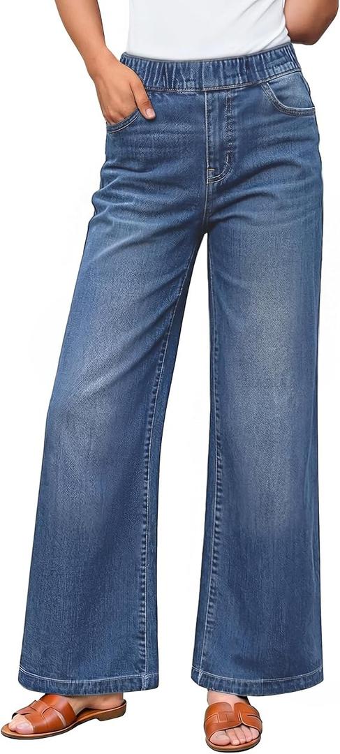 ZESICA Wide Leg Jeans for Women High Waisted Stretchy Baggy Denim Pants 2026 Trendy Elastic Waist Trousers with Pockets, Size 18