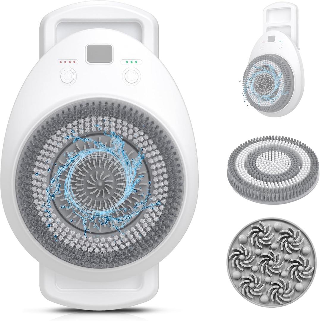 Generic Smart Wall Mounted Exfoliating Brush, Electric Body Scrubber with 4 Replaceable Heads, 7''Large Back Scrubber for Shower Wall, 3 Speed Adjustment Spin Scrubber for Back Cleansing