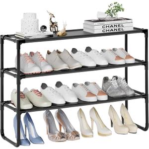 Long Shoe Rack, 3-Tier Stackable Shoe Organizer for Closet, Entryway, Hallway, Extra Bottom Layer, Holds 16-20 Pairs, Sturdy & Durable Waterproof Fabric Shelf, Space-Saving,Black