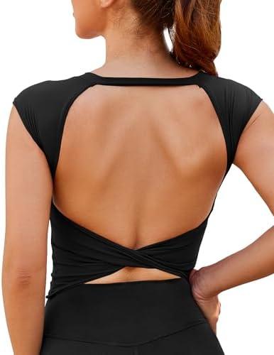 DaiLiWei Open Back Workout Tops for Women Longline Sports Bras Padded Crop Tank Yoga Top Low Back Shirts with Built in Bra M