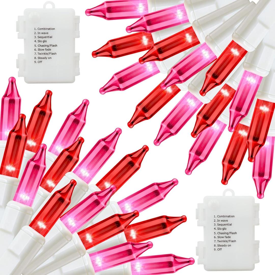 100 LED 2 Pack Red Pink Valentines Day Lights, 17.4Ft Battery Operated Mini String Lights with 8 Modes & Timer Waterproof Lights for Patio Garden Party Wedding Valentine's Day Decorations