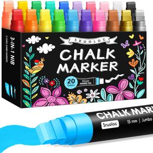 Window Chalk Markers for Glass Washable, 20 Colors Jumbo Liquid Chalk Marker with 15mm 3 in 1 Nib Thick Wide Tips, Big Chalkboard Markers, Car Paint Pen for Auto, Bistro, Mirror, Poster, Blackboards
