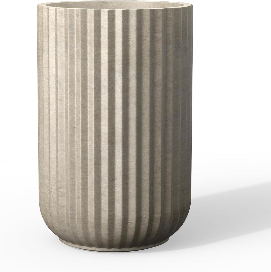 Kante Tall Fulted Planter, 21.7 Inch Tall Round Concrete Plant Pots with Drainage Hole and Rubber Plug, Modern Decor for Indoor Outdoor Plants, Flower, Weathered Concrete, 14"w x 21.7" h
