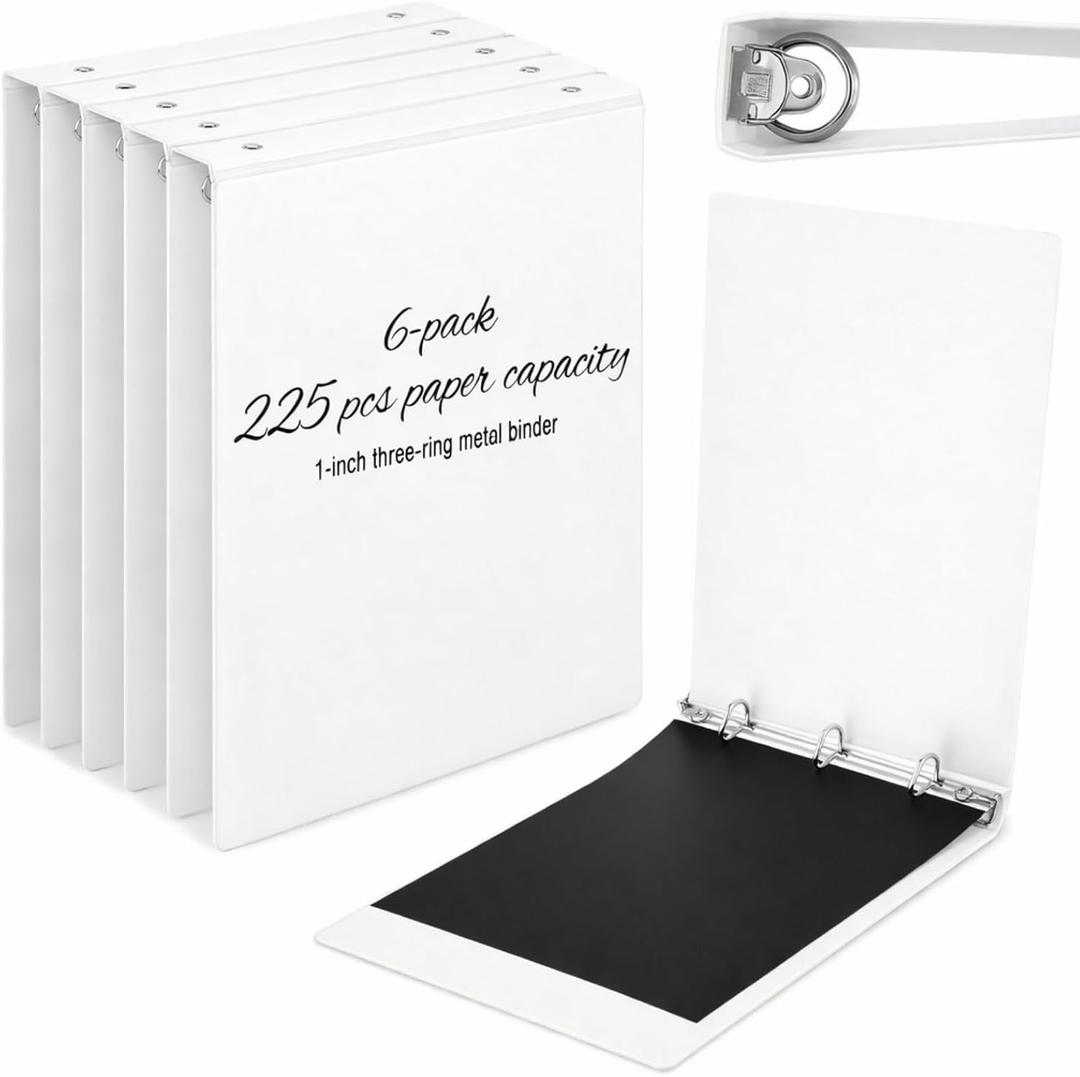 Eaasty 6 Pack 1 Inch 3 Ring Binder, Heavy Duty PP Plastic Binders for School Office, Waterproof Durable No-Gap Rings, Holds 225 Sheets Us Letter, College Supply(White)