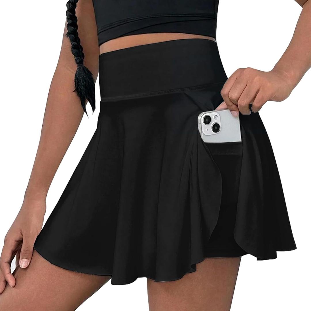 OEBLD Girls Athletic Skort High Waist Tennis Skirts with Shorts Butterfly Ruffle School Skirts with Pockets (13-14 Years, Black)