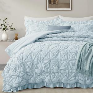 BEDAZZLED Queen Comforter Set, Cornflower Blue Pinch Pleat Ruffle, 3 Pieces | Soft Microfiber Bedding Set, Pintuck Texture, Farmhouse Shabby Chic Style, Lightweight & Breathable, All Season Comfort