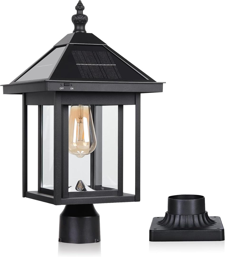 Solar Lamp Post Light Outdoor, Casting Aluminum Glass Lens Dusk to Dawn Vintage Solar Post Light ST4343Q Waterproof for Pier Mount Gate Path Pole Garden Column Pillar Porch Yard Driveway, 1 Pack