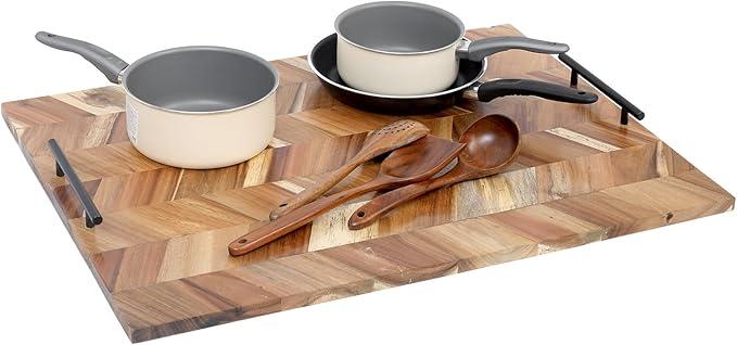 Noodle Board Stove Cover Wood with Handles, Wooden Stovetop Cover Board for Gas Stove and Electric Stove Top, kitchen sink cover for counter space, Acacia, Size 22 x 29.5 Inch
