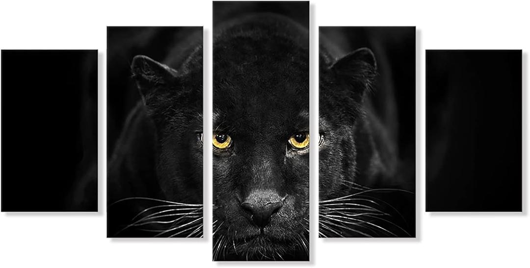 SEVEN WALL ARTS Black Panther Canvas Wall Art Wildlife Animals Pictures 5 Pieces Black and White Leopard Poster Print Framed Artwork for Living Room Bedroom Office Wall Decor (60''W x 32''H)