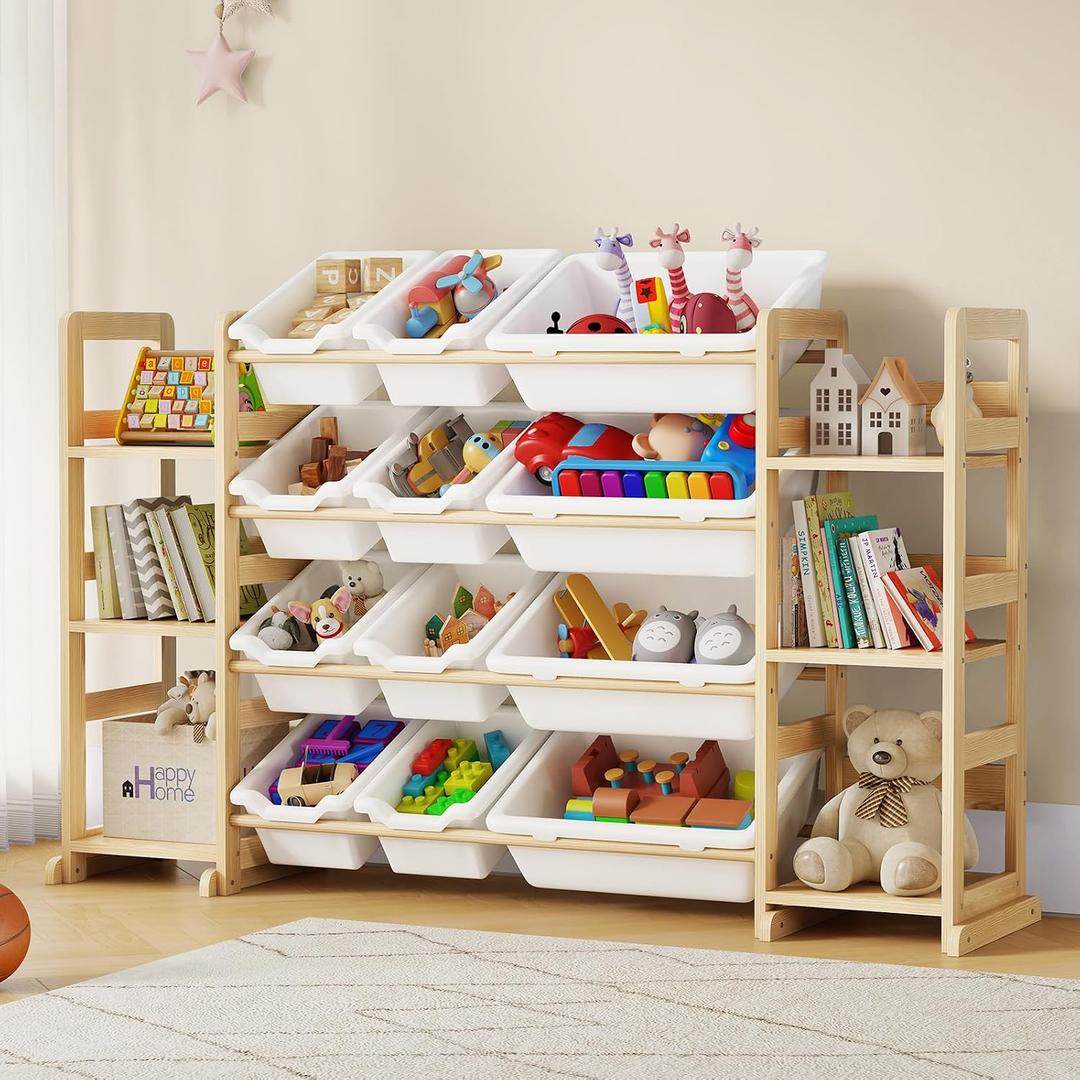 EXPERLAM Extra Large Toy Storage - Toy Storage Organizer, Wooden Toy Organizer with 6 Side Shelves and 12 Bins, 3-in-1 Bookshelf for Kids Rooms, Playroom, Nursery, White, 52 inches x 11 inches x 31.5 inches