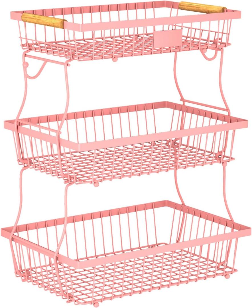 3 Tier Fruit Basket for Kitchen Counter with 2 Banana Hangers, Countertop Metal Fruit Bowl with Wooden Handle, Large Storage Stand for Vegetables, Snacks, Breads, Produce Storage – Pink