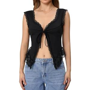 Milumia Women's Lace Trim Open Tie Front Tops Y2k Sleeveless Deep V Neck Going Out Tops Size L