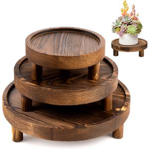 3 Pcs Wooden Display Risers Round Wood Pedestal Stand Mini Plant Tray Stand, 10-6 Inch Rustic-style decorative shelf for Displaying Plants and Candles (Brown)