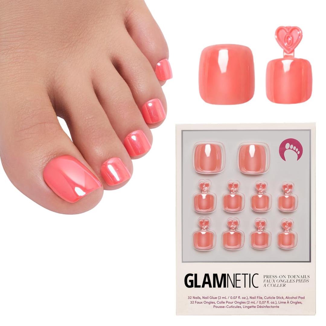 Glamnetic Press On Toenails - Natural, Glazed Fake Nails 32 Pc Full Kit | Sun-kissed coral press on toenails for women. Vibrant summer glue-on set. Waterproof, chip-resistant, up to 2 weeks wear