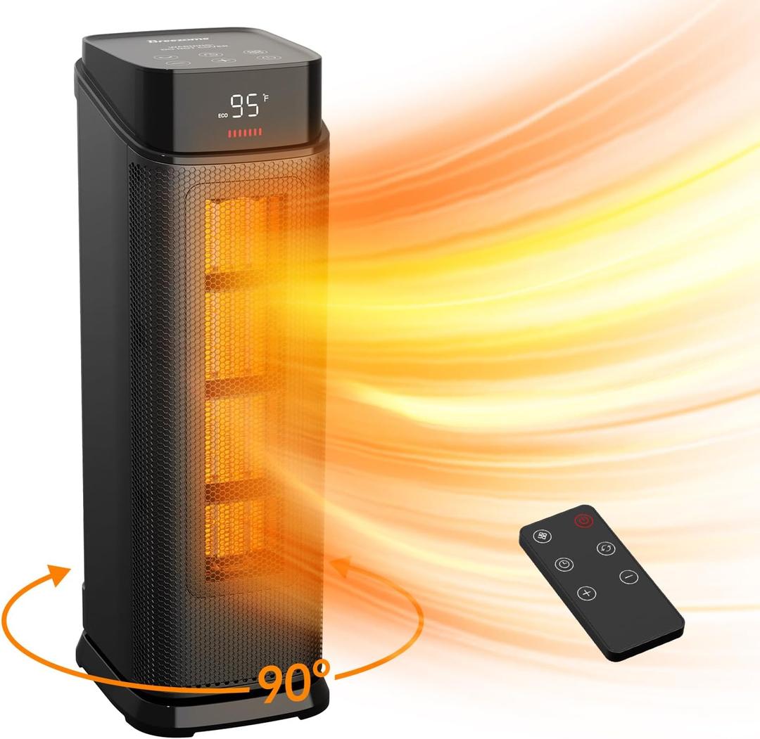 BREEZOME Space Heater Indoor, 1500W PTC Portable Electric Heaters for Home with Thermostat & 90 Oscillating, 24H Timer, Quiet Safety Ceramic Tower Heater with Remote for Bedroom Office